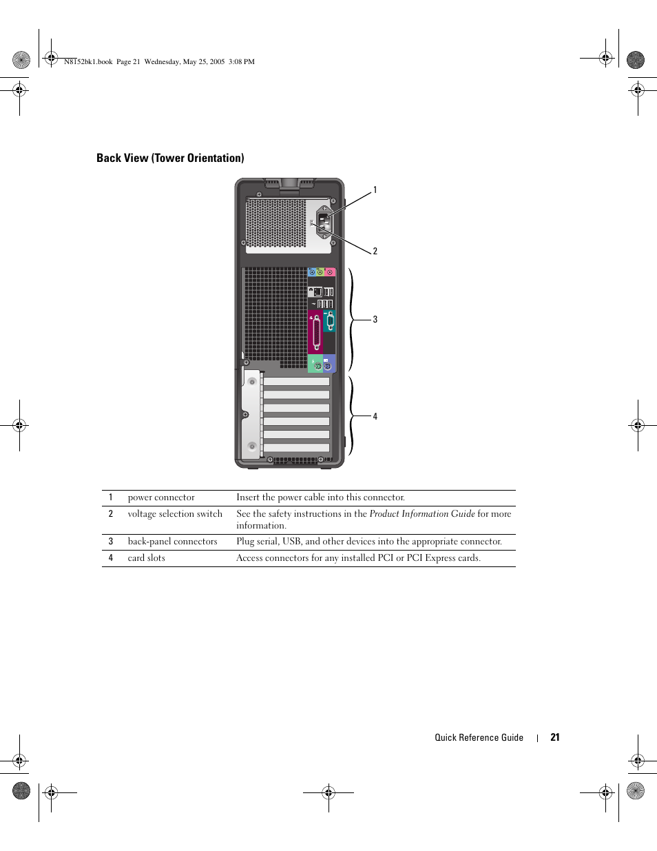 Back view (tower orientation) | Dell Precision 380 User Manual | Page 21 / 46