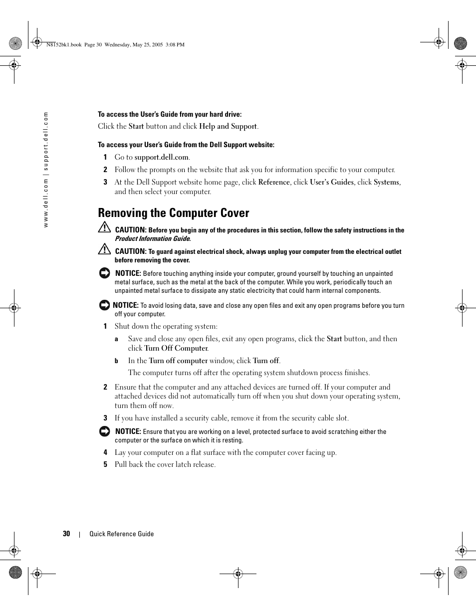 Removing the computer cover | Dell Precision 380 User Manual | Page 30 / 46