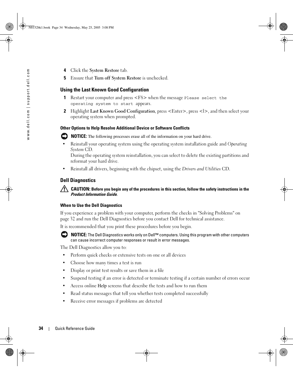 Using the last known good configuration, Dell diagnostics | Dell Precision 380 User Manual | Page 34 / 46