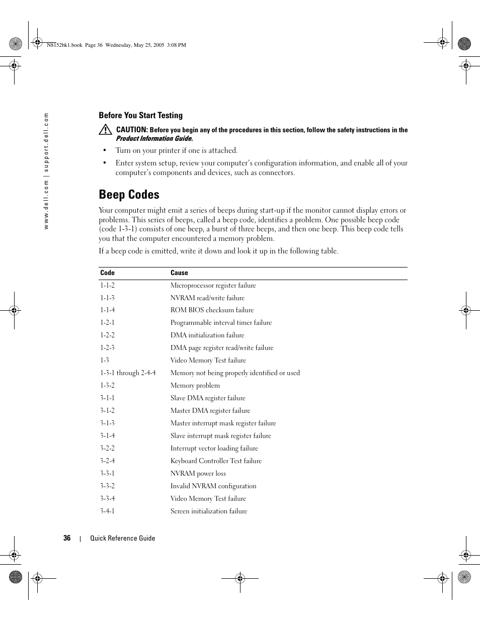 Before you start testing, Beep codes | Dell Precision 380 User Manual | Page 36 / 46