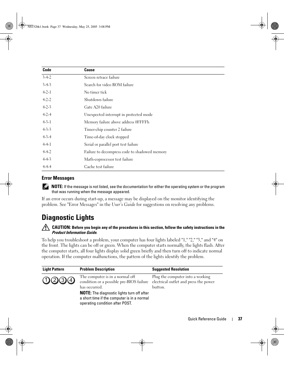 Error messages, Diagnostic lights | Dell Precision 380 User Manual | Page 37 / 46