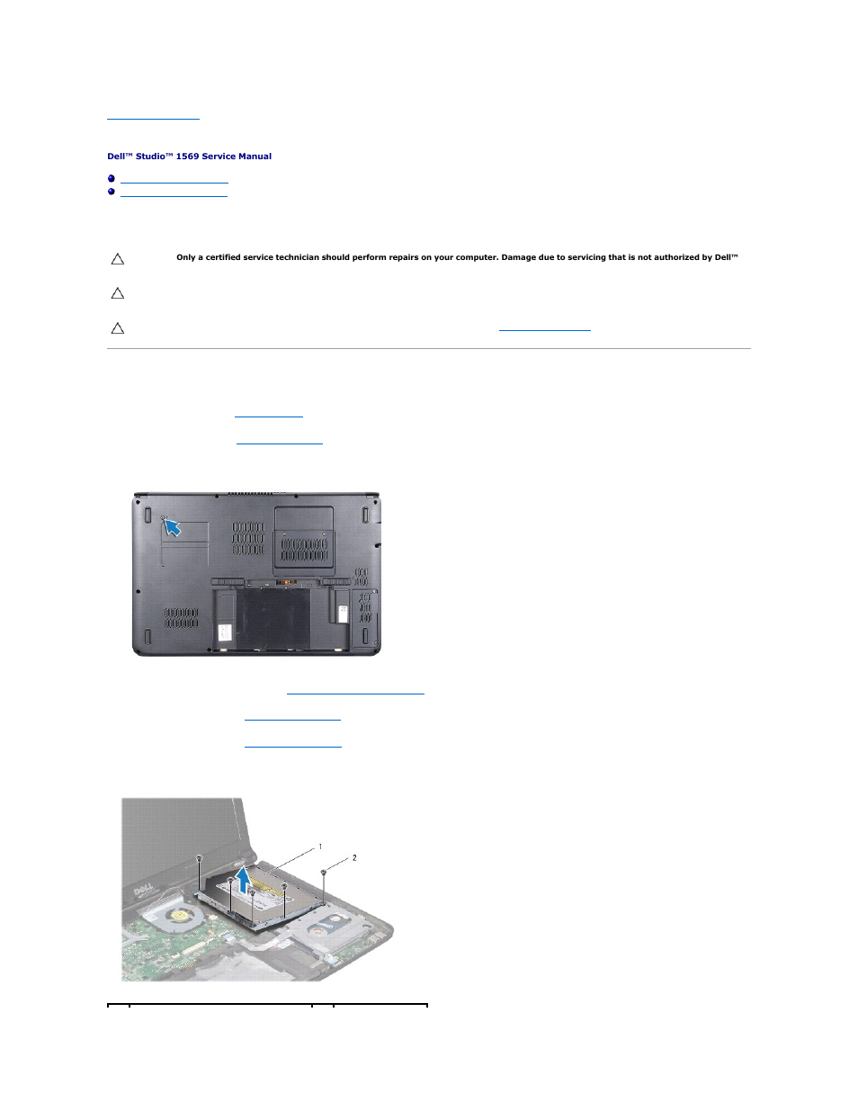 Optical drive, Removing the optical drive | Dell Studio 1569 (Late 2009) User Manual | Page 33 / 47