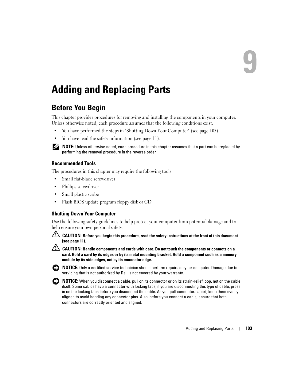 Adding and replacing parts, Before you begin, Recommended tools | Shutting down your computer | Dell Inspiron XPS User Manual | Page 103 / 186