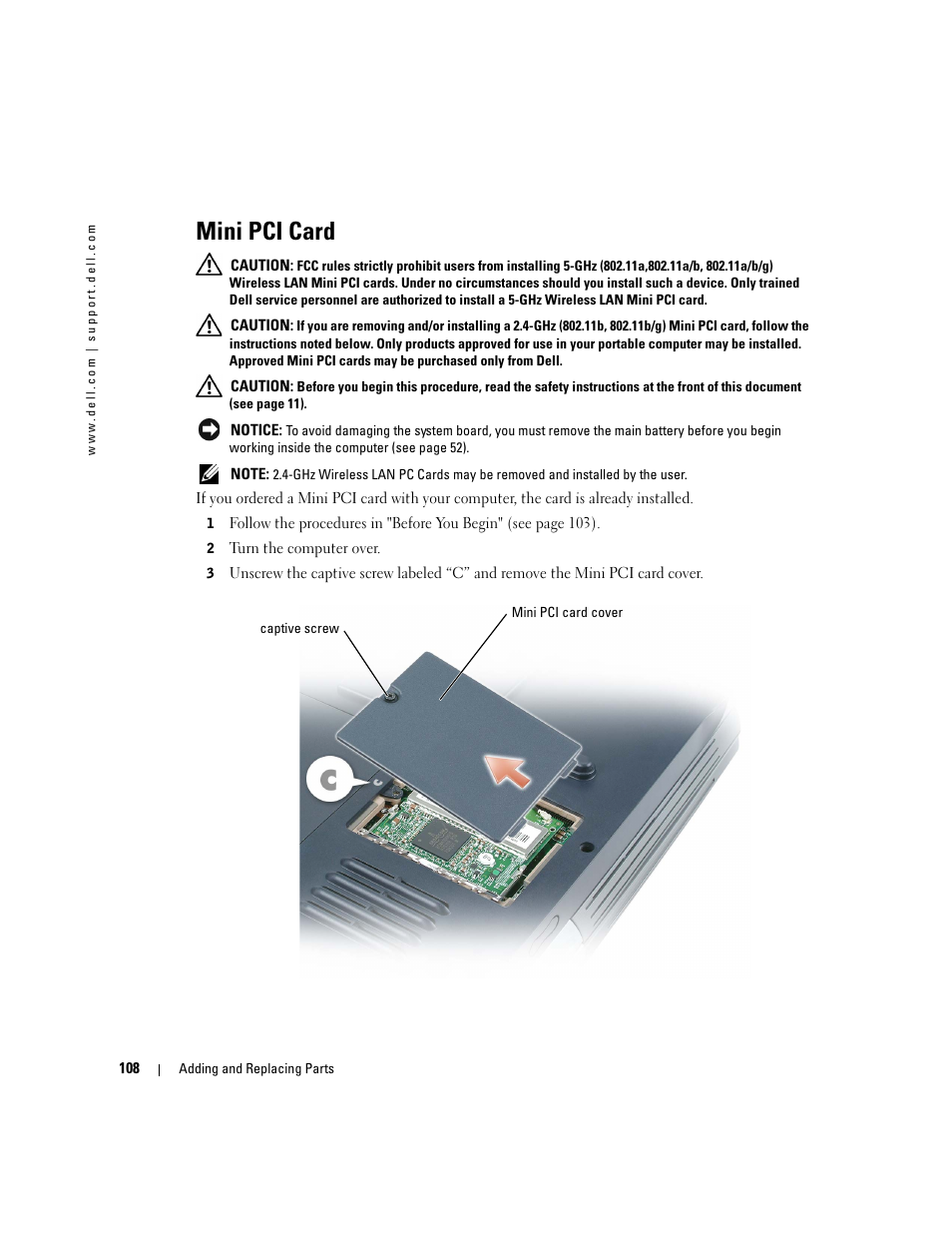 Mini pci card | Dell Inspiron XPS User Manual | Page 108 / 186
