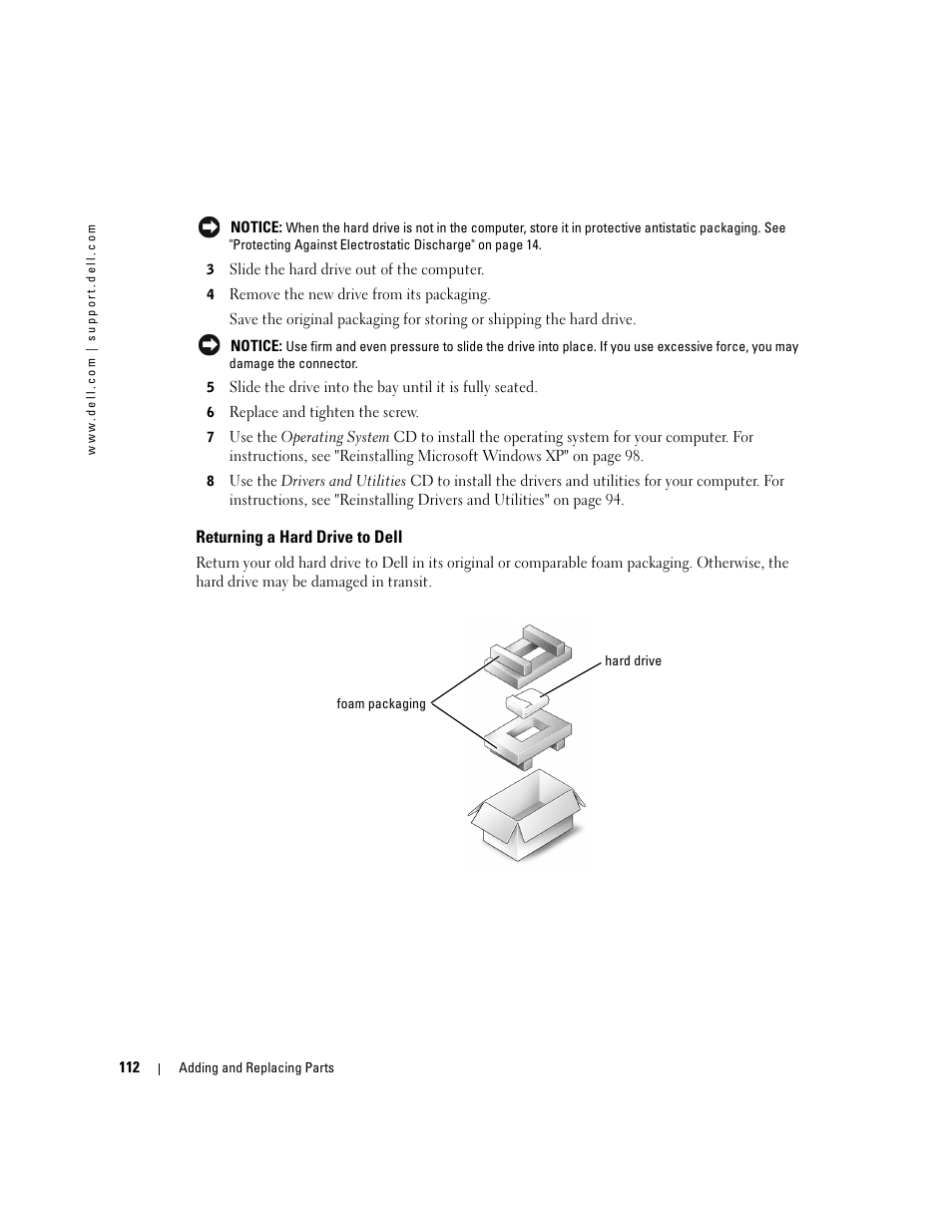 Returning a hard drive to dell | Dell Inspiron XPS User Manual | Page 112 / 186