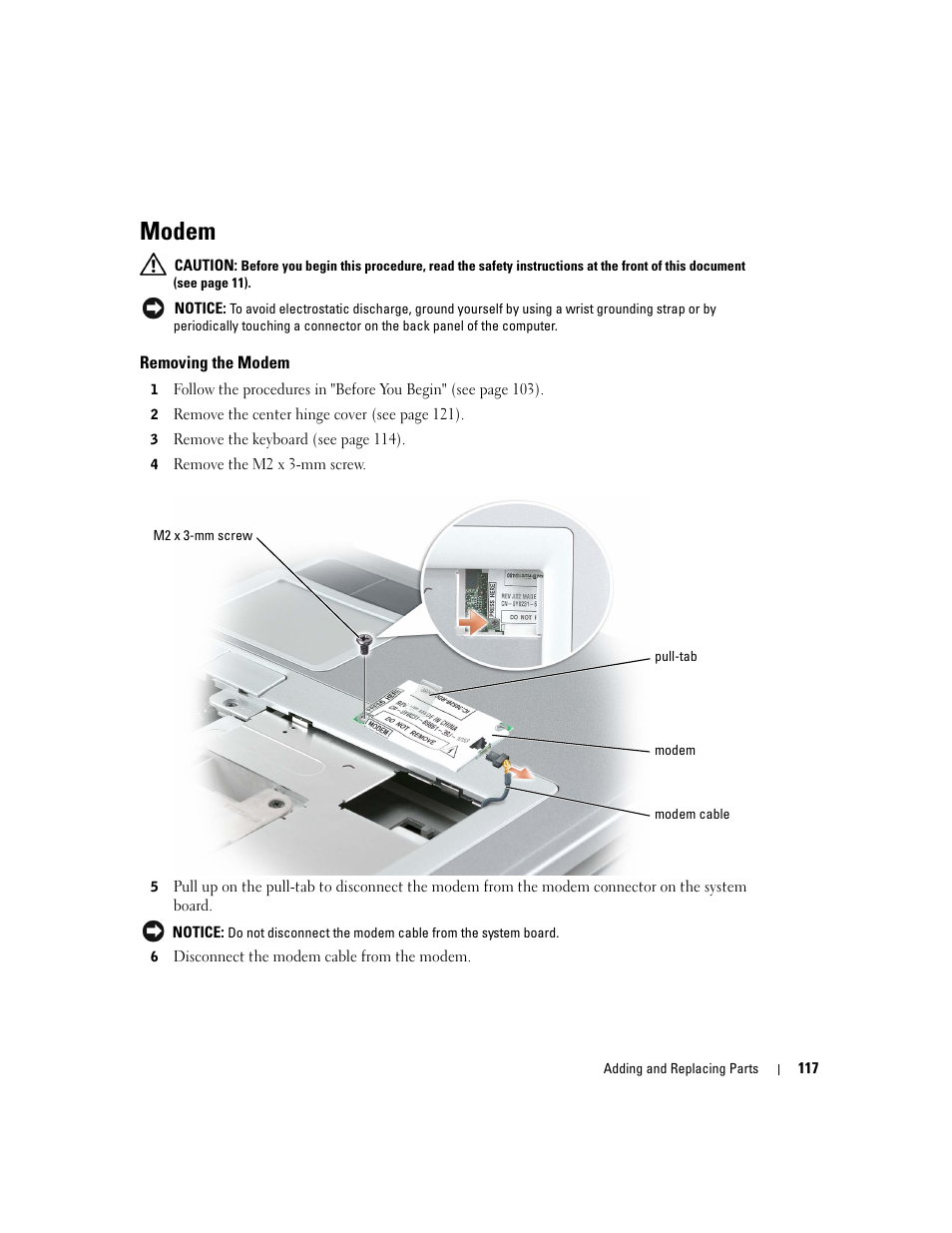 Modem, Removing the modem | Dell Inspiron XPS User Manual | Page 117 / 186