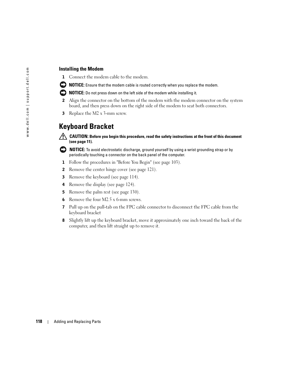 Installing the modem, Keyboard bracket | Dell Inspiron XPS User Manual | Page 118 / 186