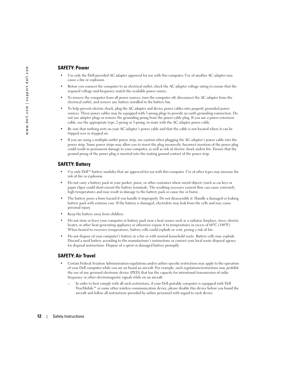 Safety: power, Safety: battery, Safety: air travel | Dell Inspiron XPS User Manual | Page 12 / 186
