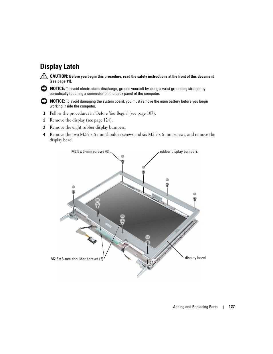 Display latch | Dell Inspiron XPS User Manual | Page 127 / 186