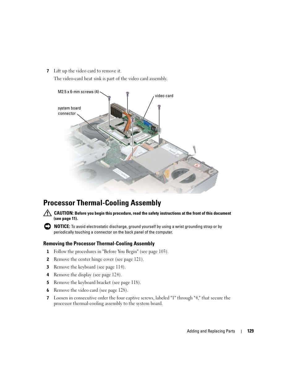 Processor thermal-cooling assembly, Removing the processor thermal-cooling assembly | Dell Inspiron XPS User Manual | Page 129 / 186
