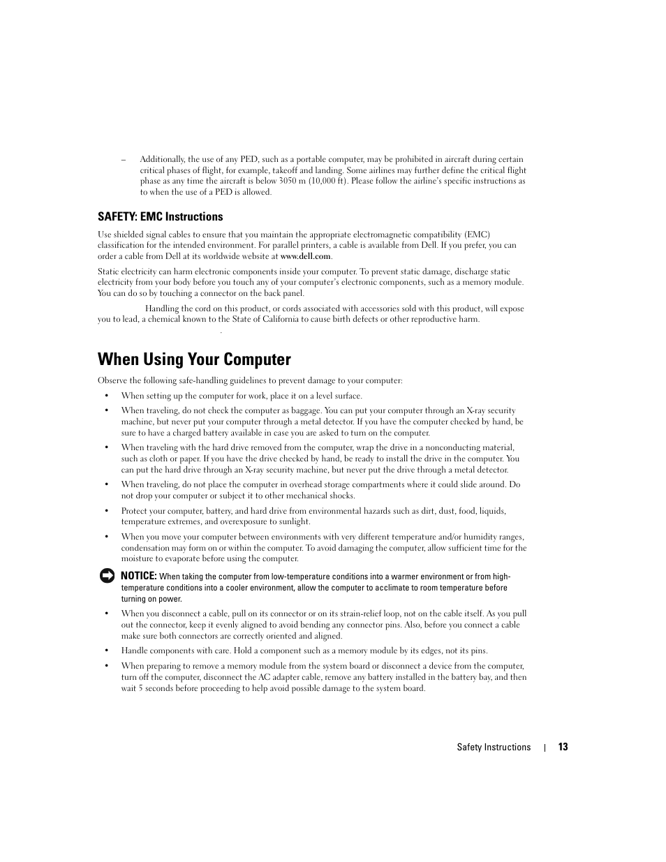 Safety: emc instructions, When using your computer | Dell Inspiron XPS User Manual | Page 13 / 186