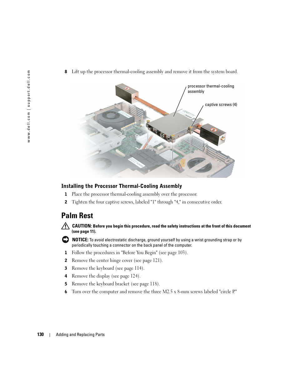 Installing the processor thermal-cooling assembly, Palm rest | Dell Inspiron XPS User Manual | Page 130 / 186