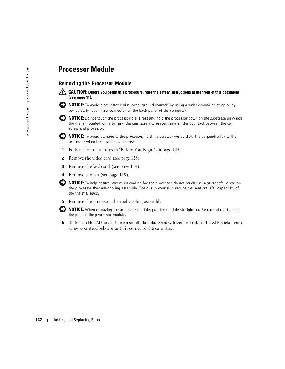 Processor module, Removing the processor module | Dell Inspiron XPS User Manual | Page 132 / 186