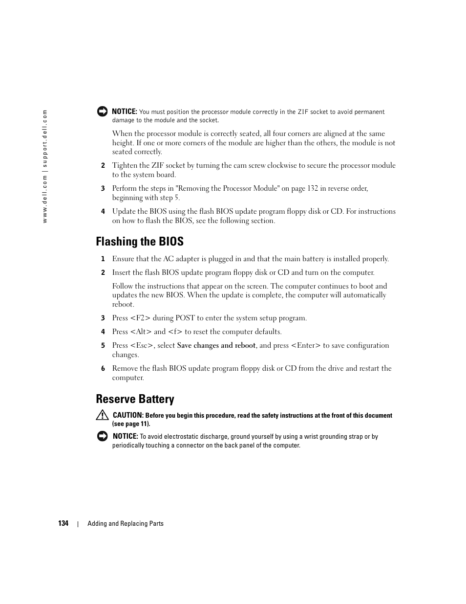 Flashing the bios, Reserve battery | Dell Inspiron XPS User Manual | Page 134 / 186