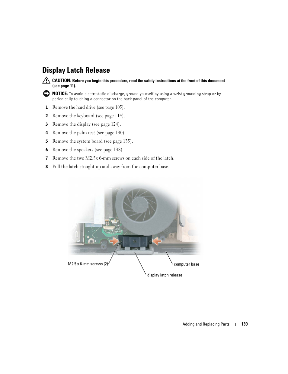 Display latch release | Dell Inspiron XPS User Manual | Page 139 / 186