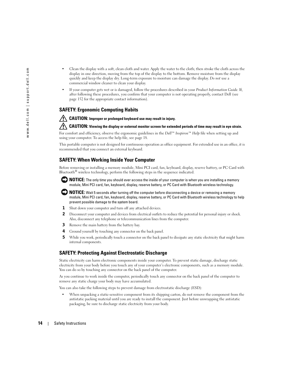 Safety: ergonomic computing habits, Safety: when working inside your computer, Safety: protecting against electrostatic discharge | Dell Inspiron XPS User Manual | Page 14 / 186