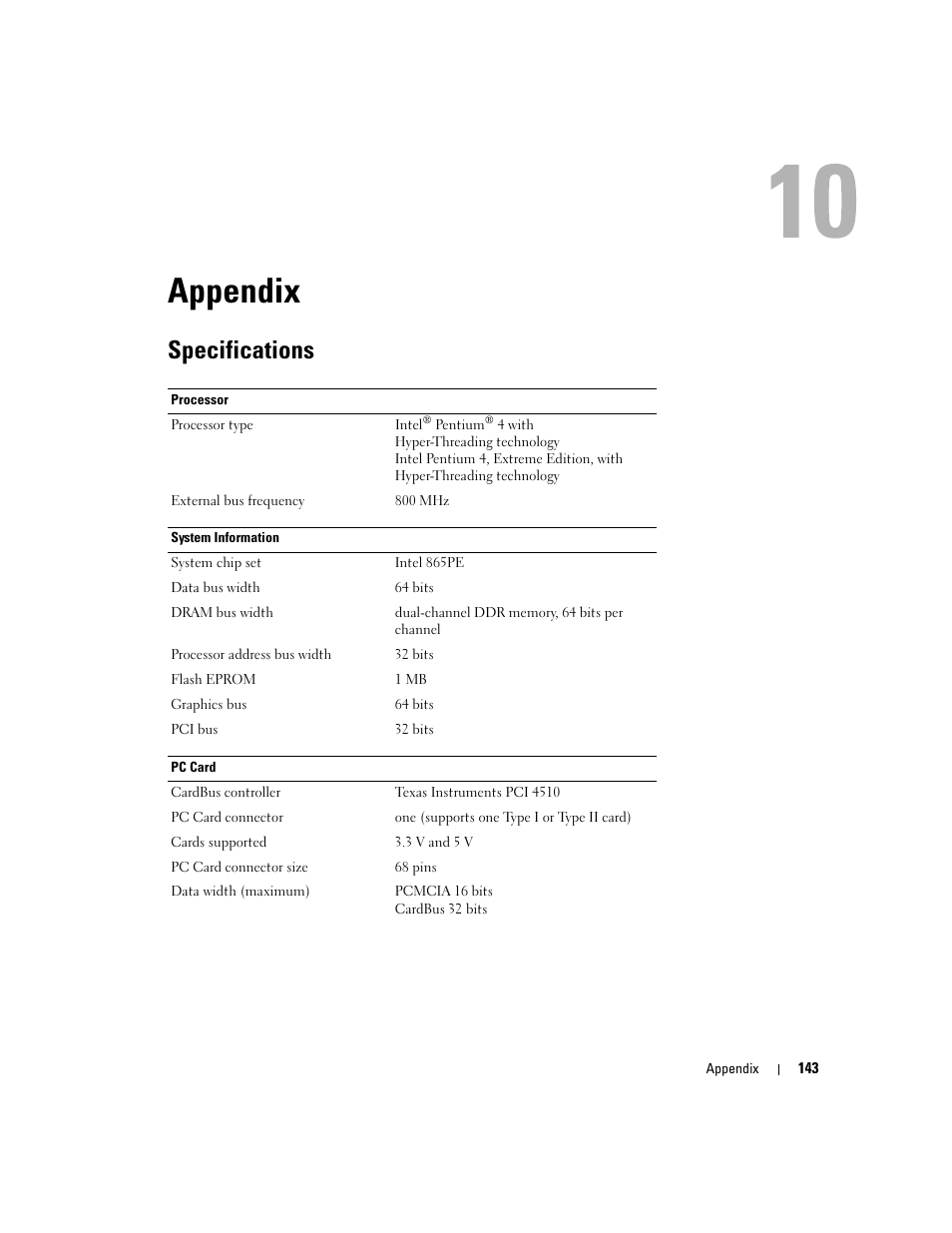 Appendix, Specifications, 10 appendix | Dell Inspiron XPS User Manual | Page 143 / 186