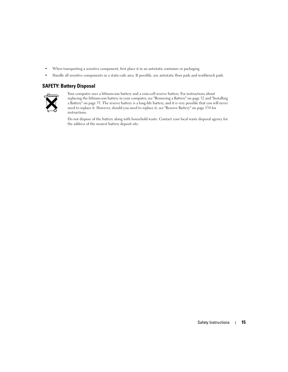 Safety: battery disposal | Dell Inspiron XPS User Manual | Page 15 / 186