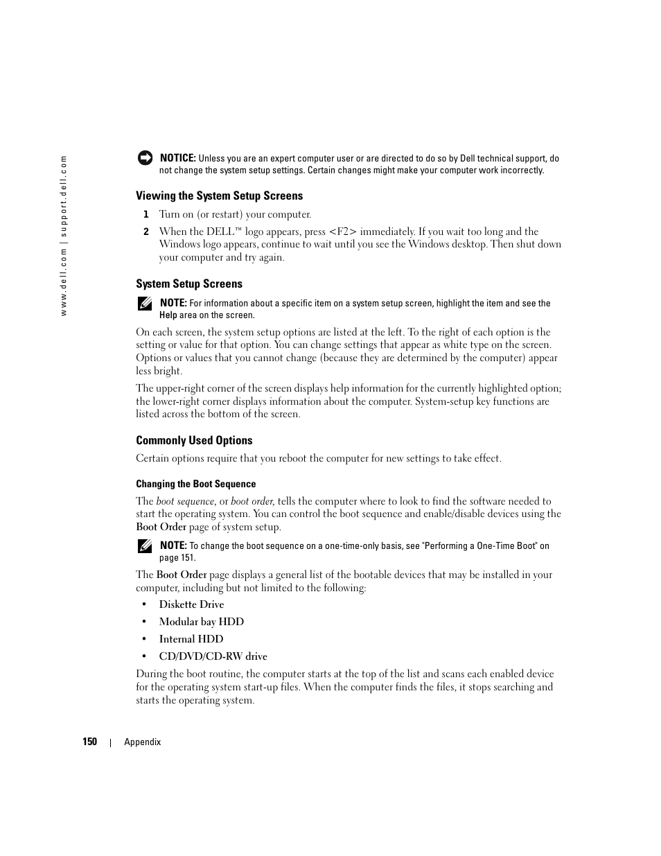 Viewing the system setup screens, System setup screens, Commonly used options | Dell Inspiron XPS User Manual | Page 150 / 186