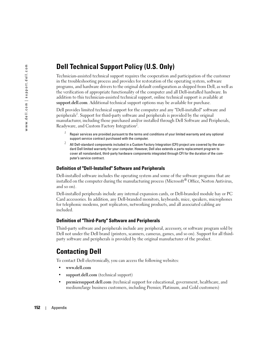 Dell technical support policy (u.s. only), Contacting dell | Dell Inspiron XPS User Manual | Page 152 / 186