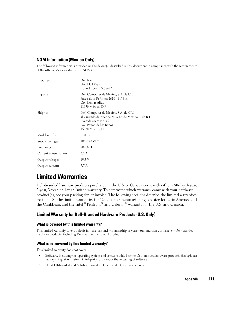 Nom information (mexico only), Limited warranties | Dell Inspiron XPS User Manual | Page 171 / 186