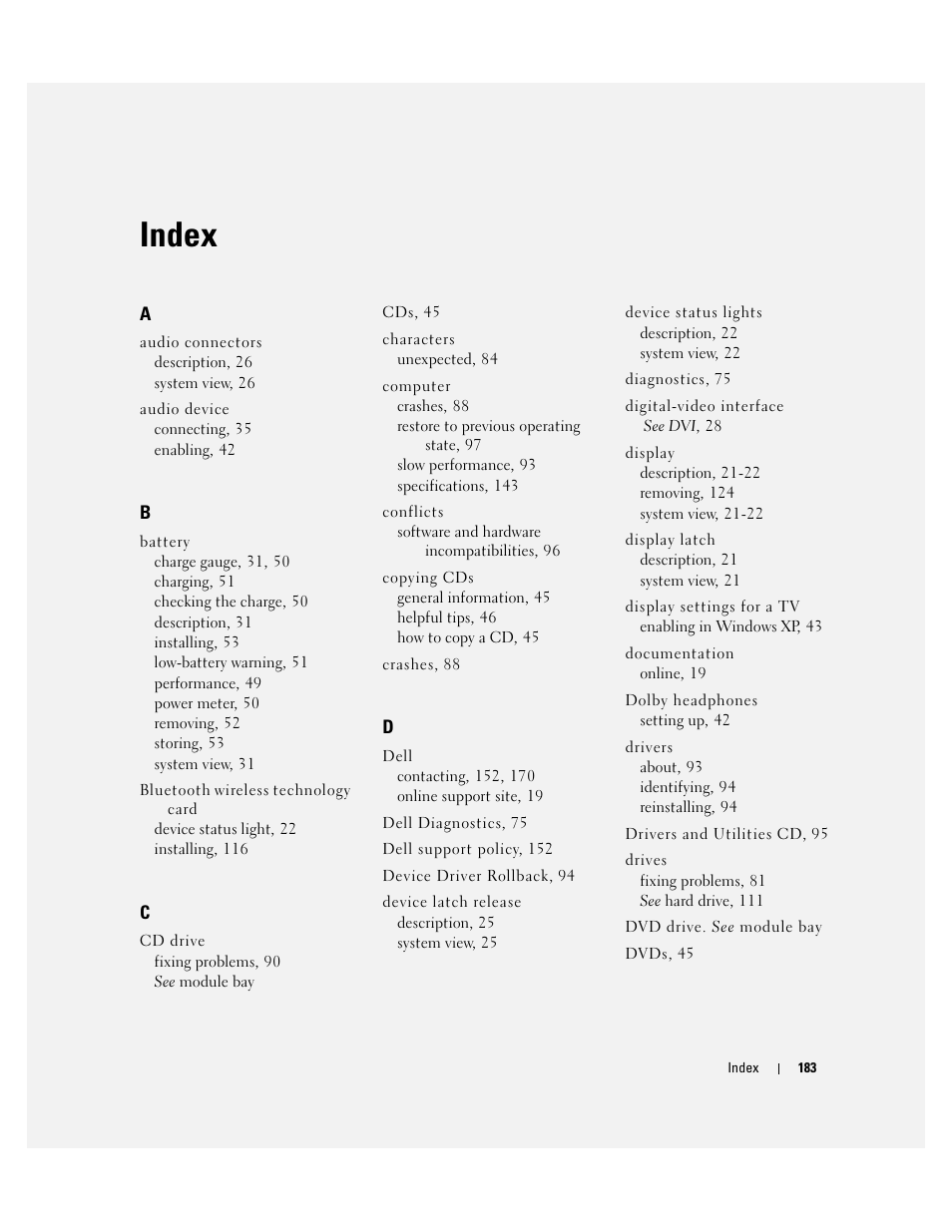 Index | Dell Inspiron XPS User Manual | Page 183 / 186