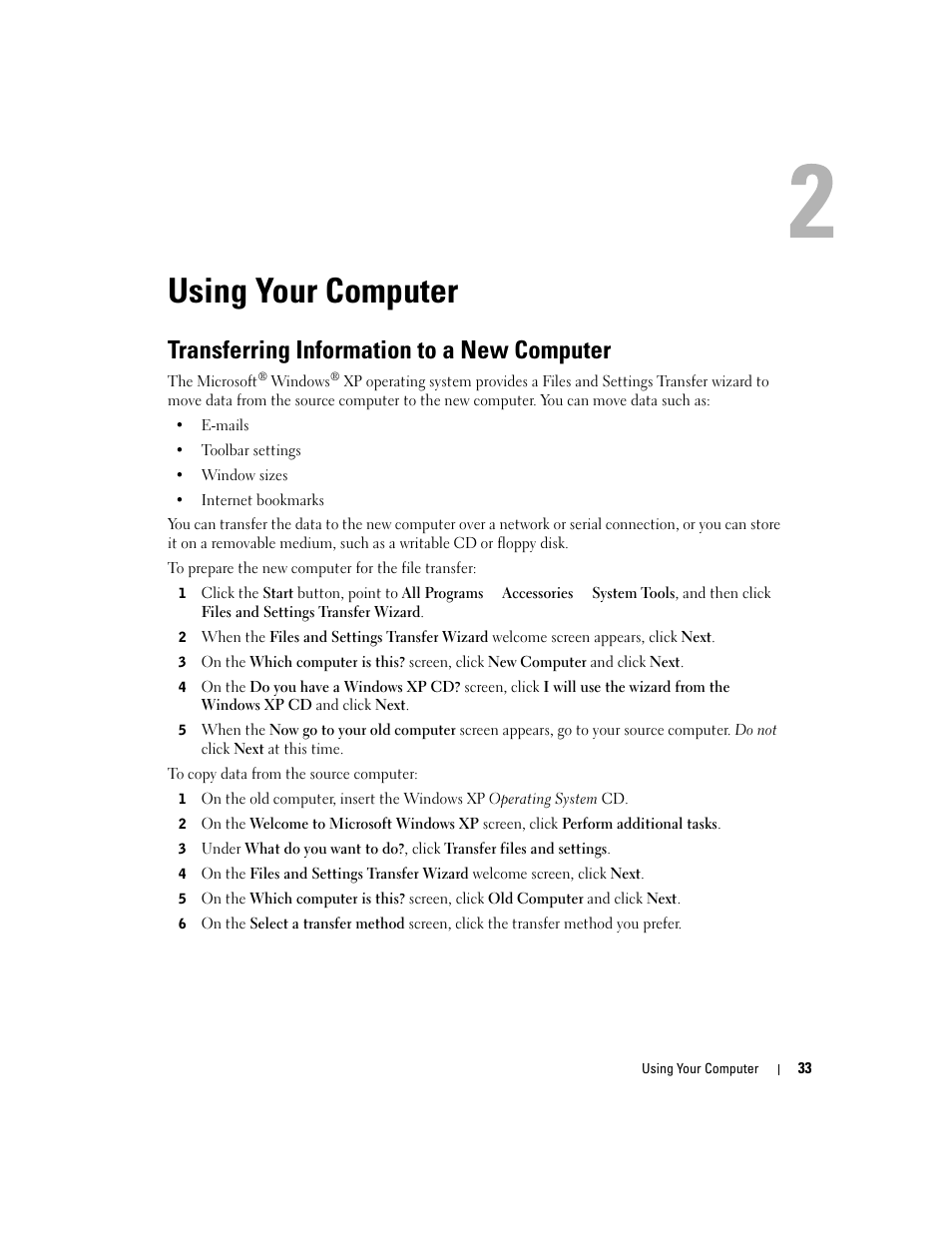 Using your computer, Transferring information to a new computer | Dell Inspiron XPS User Manual | Page 33 / 186