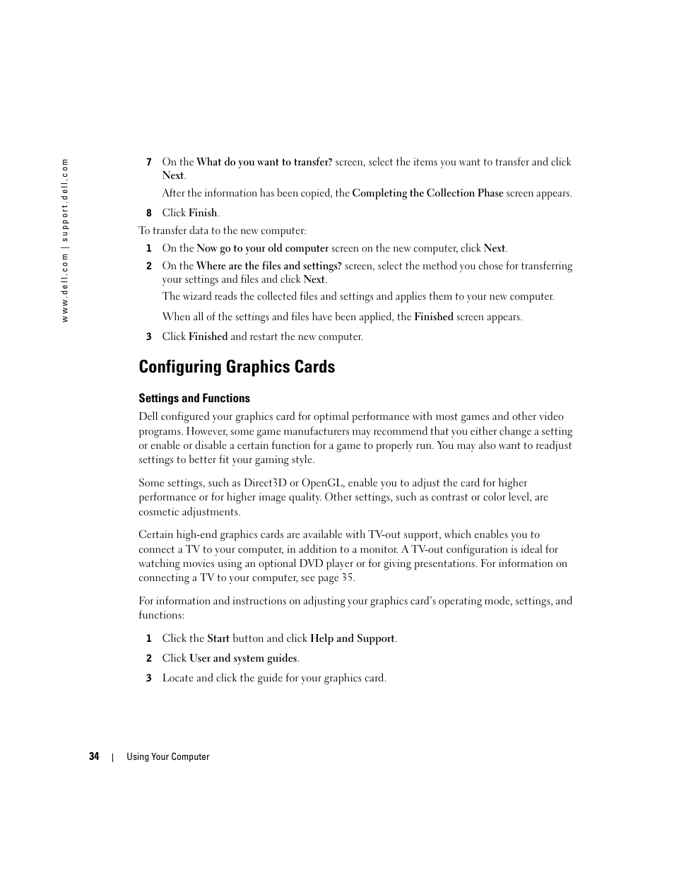 Configuring graphics cards, Settings and functions | Dell Inspiron XPS User Manual | Page 34 / 186