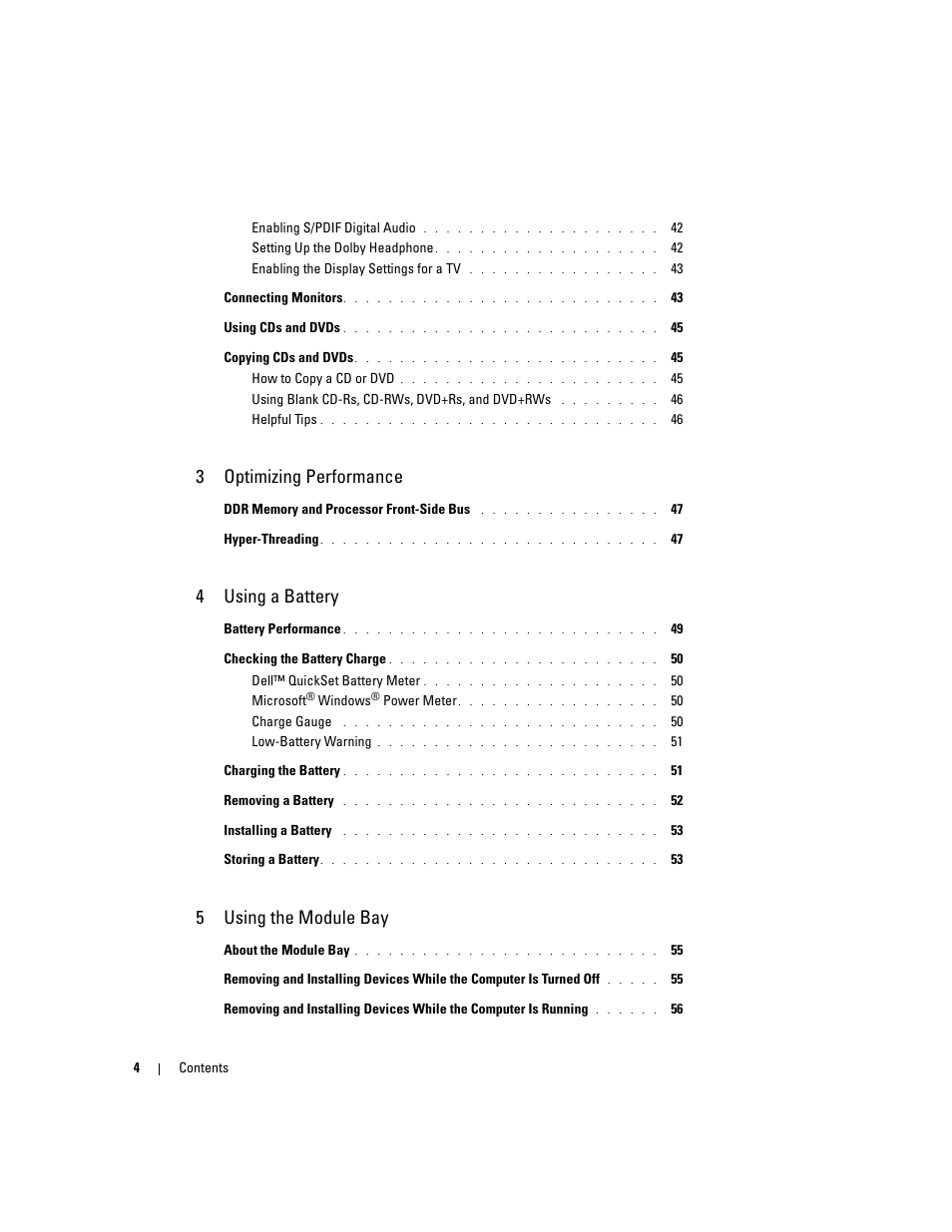 3optimizing performance, 4using a battery, 5using the module bay | Dell Inspiron XPS User Manual | Page 4 / 186