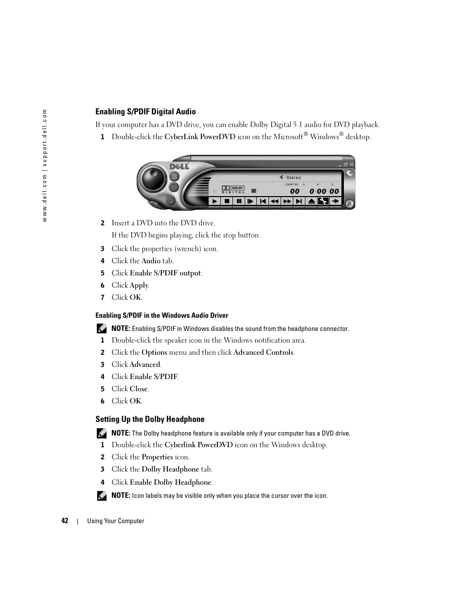 Enabling s/pdif digital audio, Setting up the dolby headphone | Dell Inspiron XPS User Manual | Page 42 / 186