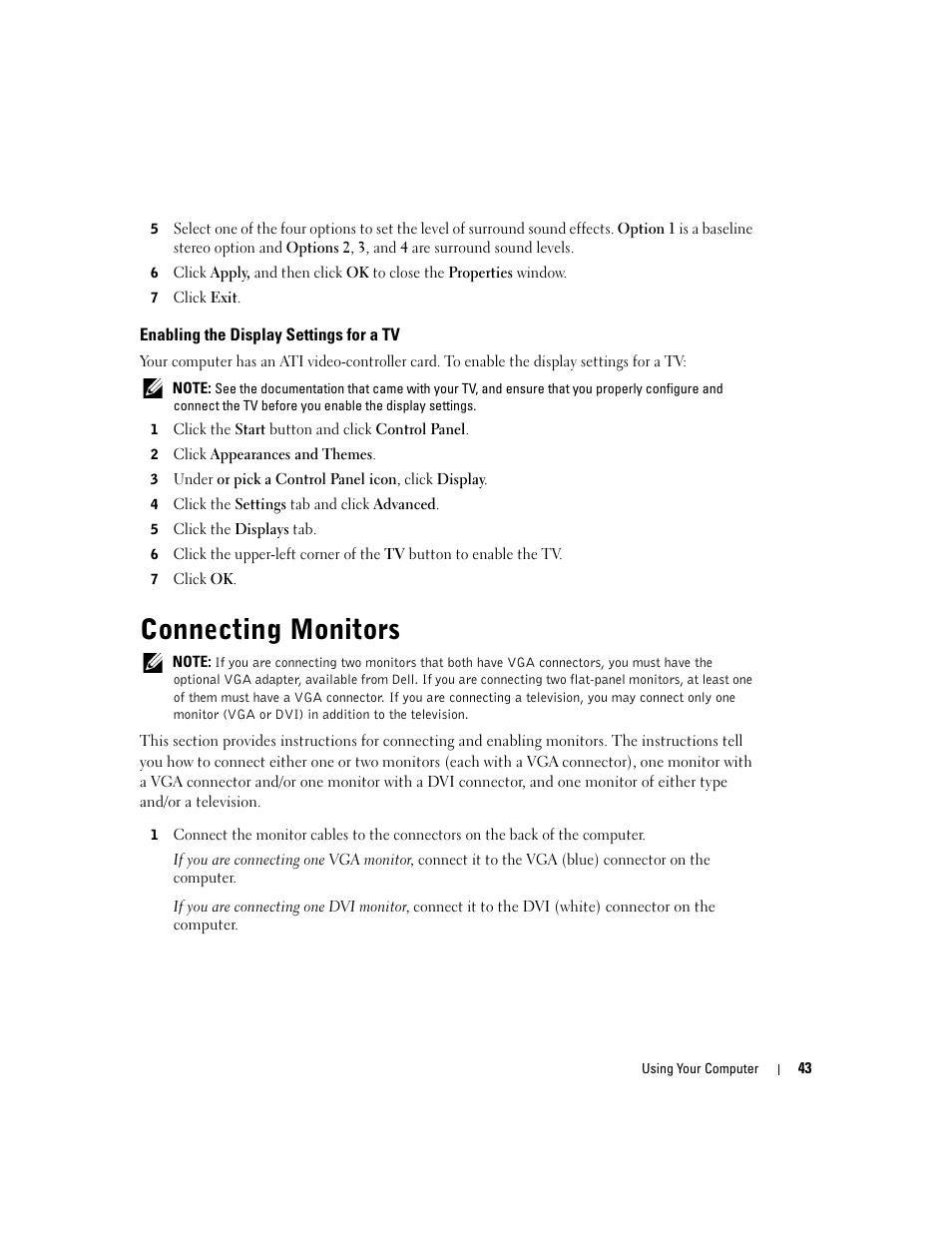 Enabling the display settings for a tv, Connecting monitors | Dell Inspiron XPS User Manual | Page 43 / 186