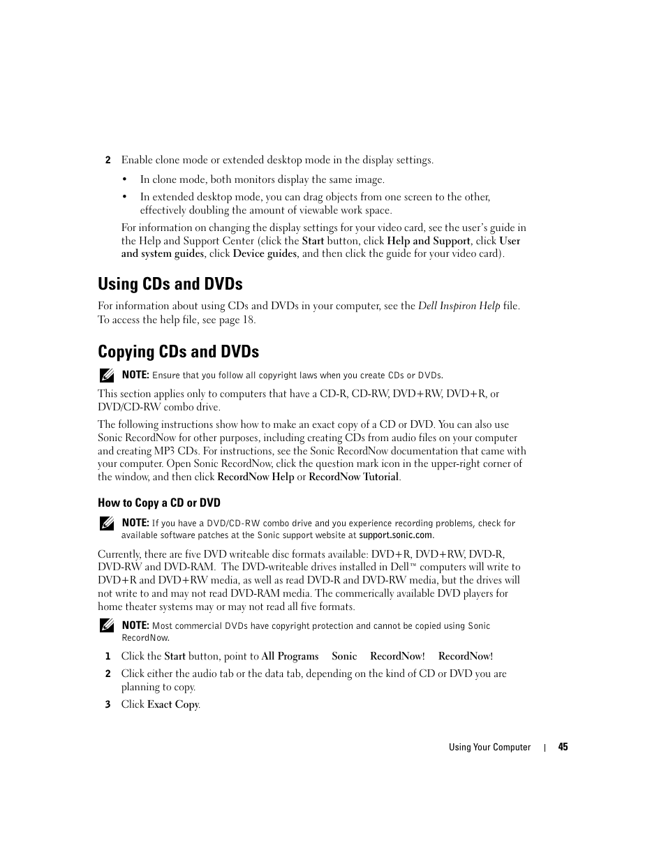 Using cds and dvds, Copying cds and dvds, How to copy a cd or dvd | Dell Inspiron XPS User Manual | Page 45 / 186