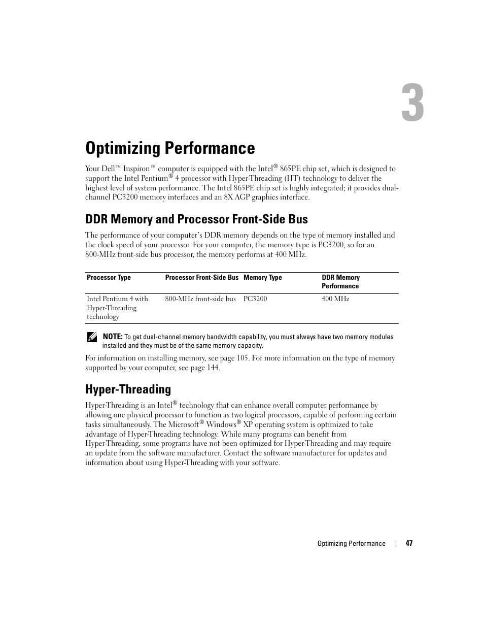 Optimizing performance, Ddr memory and processor front-side bus, Hyper-threading | Dell Inspiron XPS User Manual | Page 47 / 186
