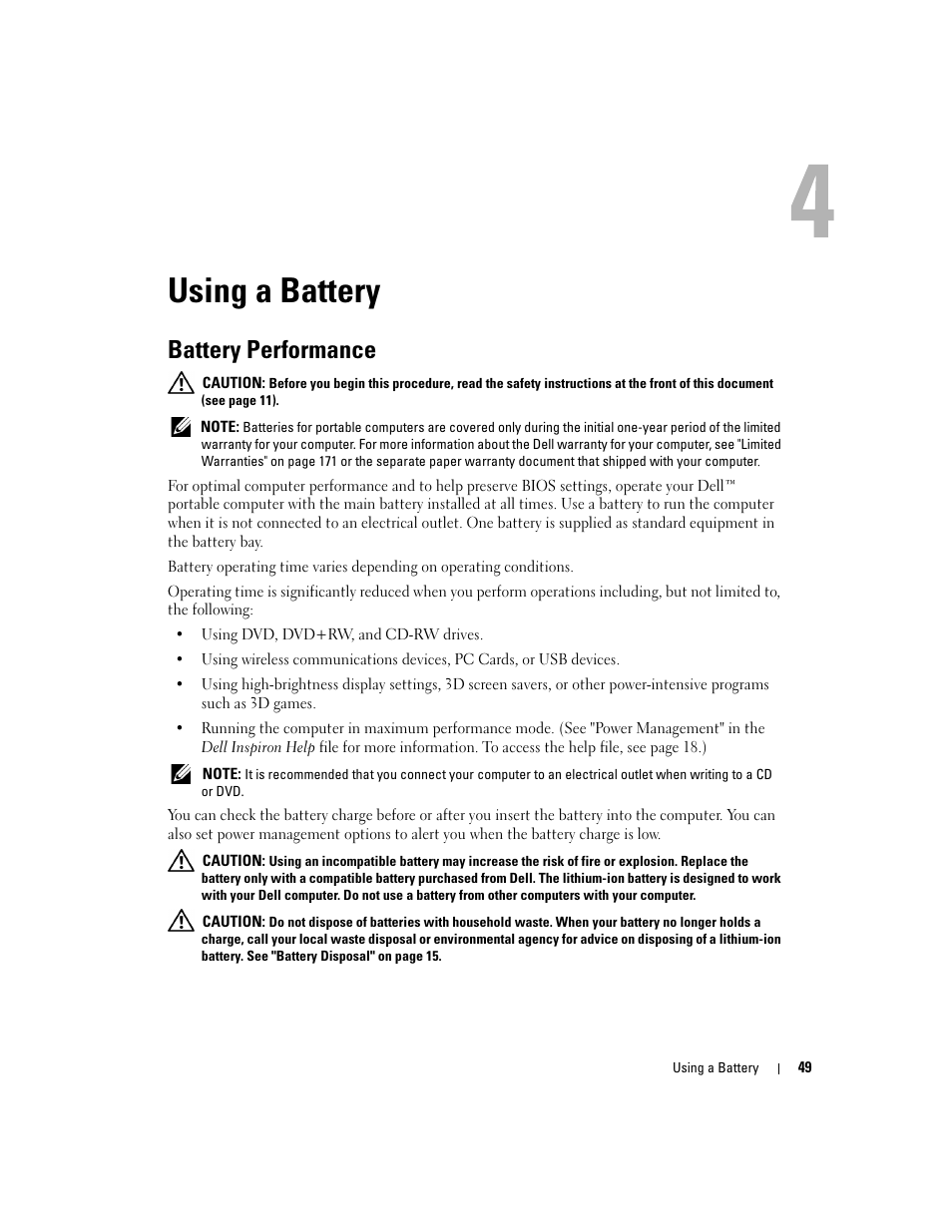 Using a battery, Battery performance | Dell Inspiron XPS User Manual | Page 49 / 186