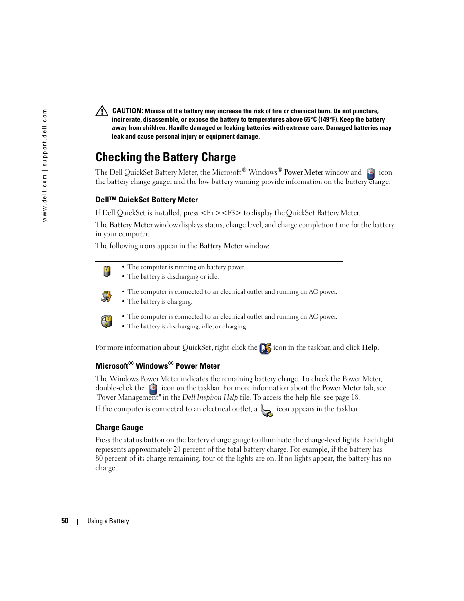 Checking the battery charge, Dell™ quickset battery meter, Microsoft® windows® power meter | Charge gauge, Microsoft, U can check the battery charge befor | Dell Inspiron XPS User Manual | Page 50 / 186