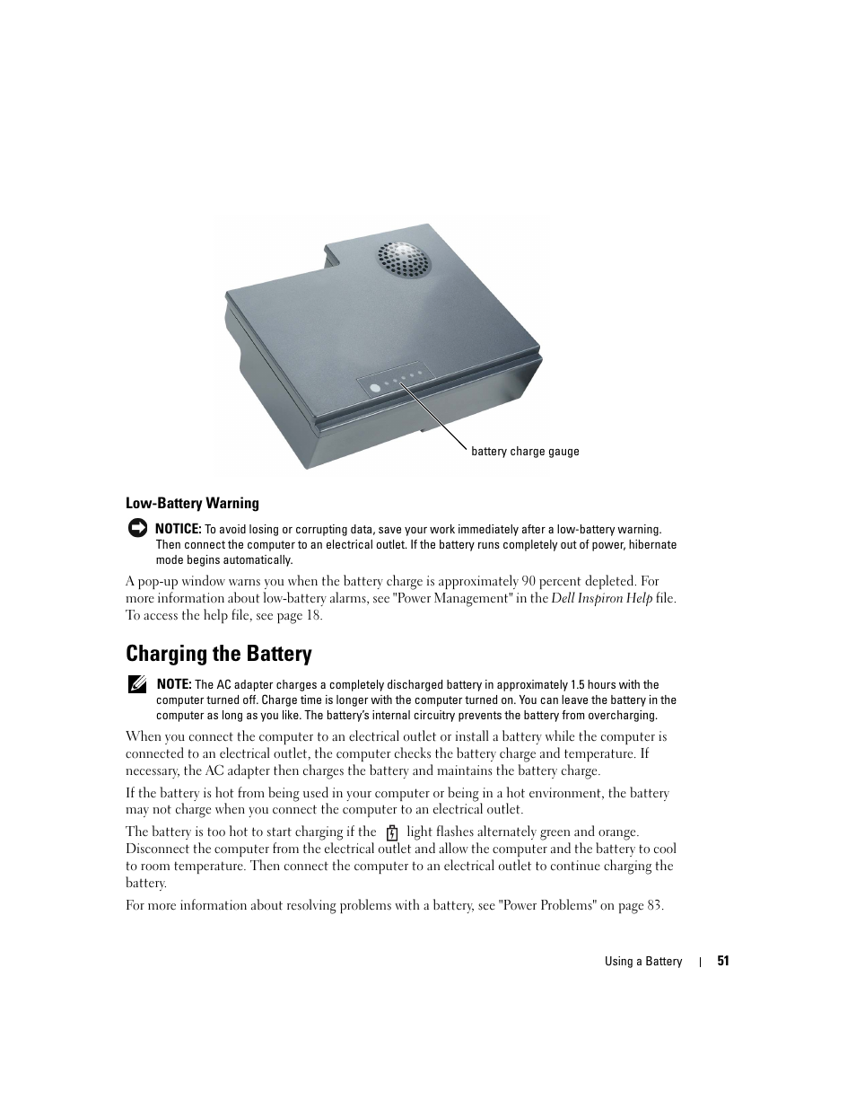 Low-battery warning, Charging the battery, Ert you when the battery charge is low | Dell Inspiron XPS User Manual | Page 51 / 186