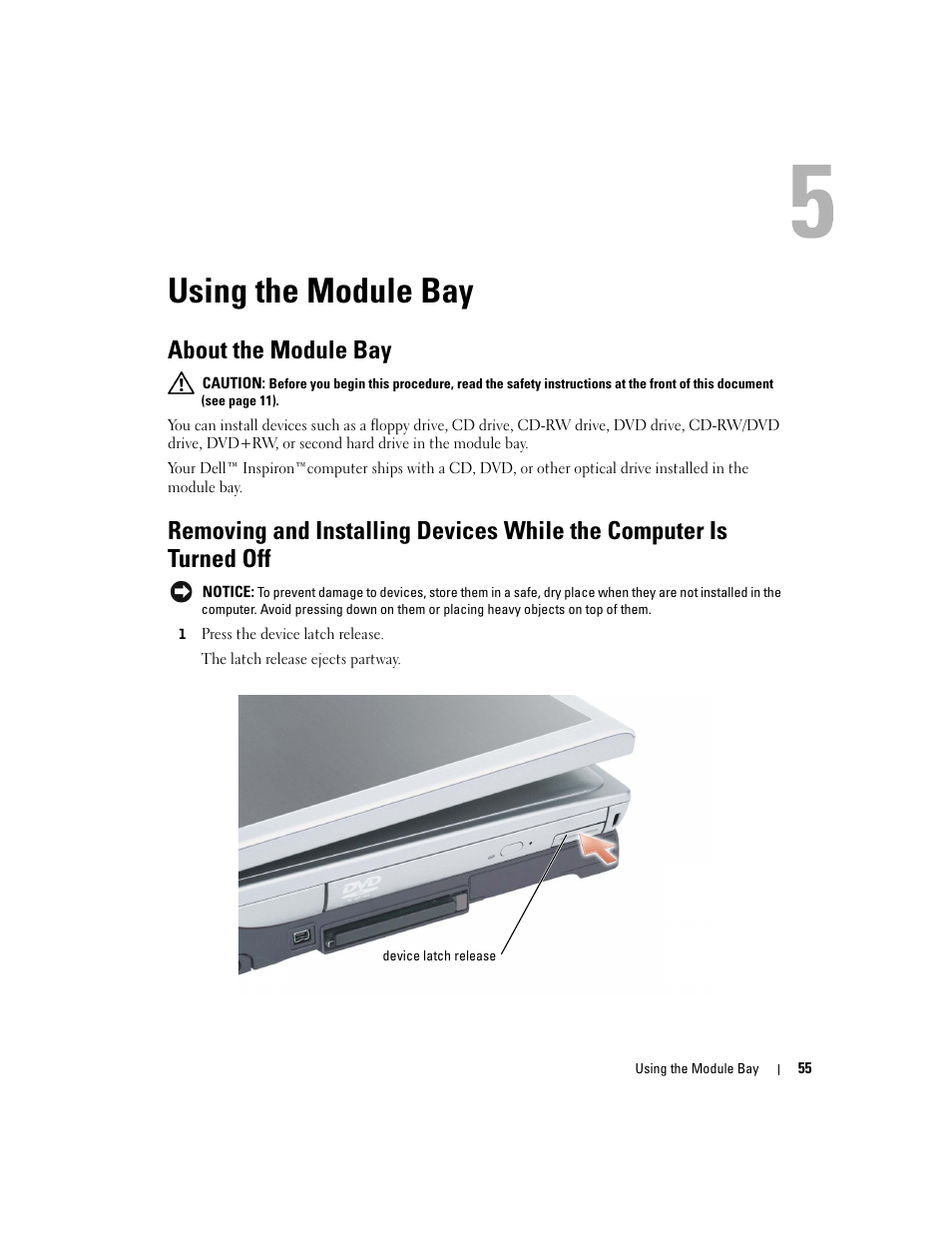 Using the module bay, About the module bay | Dell Inspiron XPS User Manual | Page 55 / 186