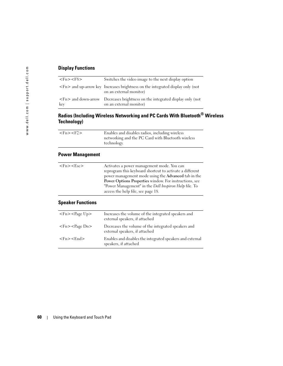 Display functions, Power management, Speaker functions | Dell Inspiron XPS User Manual | Page 60 / 186