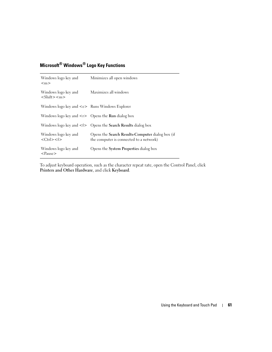 Microsoft® windows® logo key functions, Microsoft | Dell Inspiron XPS User Manual | Page 61 / 186