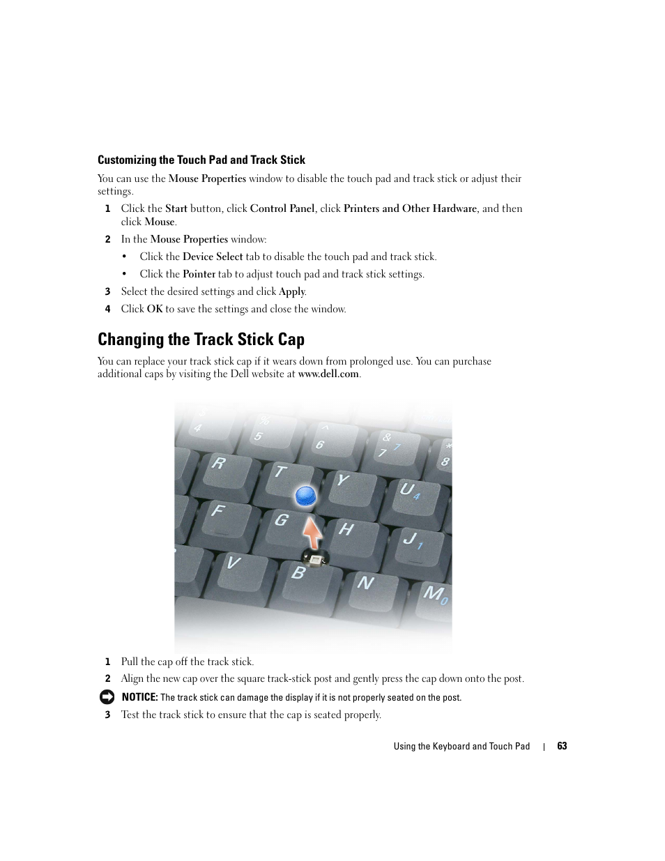 Customizing the touch pad and track stick, Changing the track stick cap | Dell Inspiron XPS User Manual | Page 63 / 186