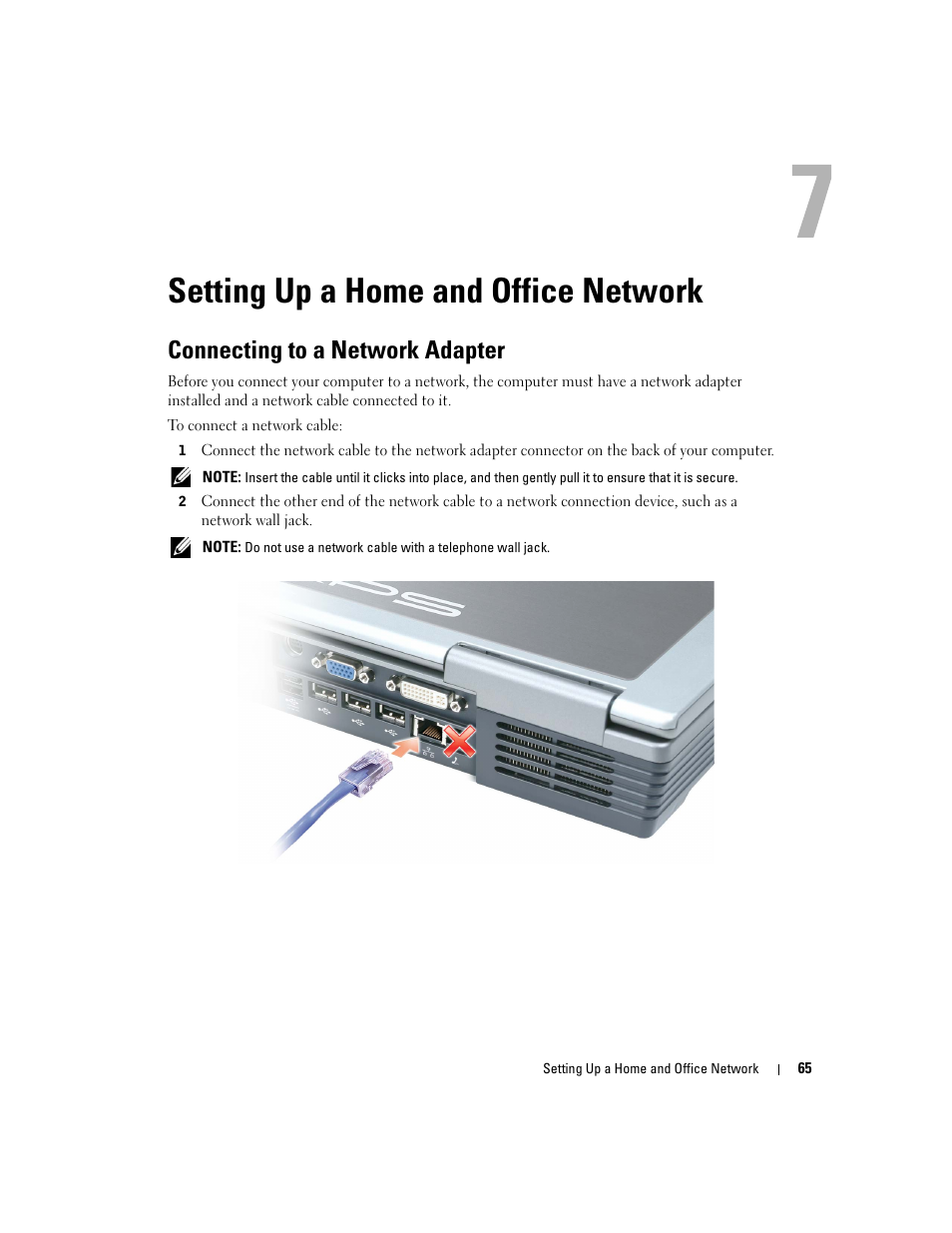 Setting up a home and office network, Connecting to a network adapter | Dell Inspiron XPS User Manual | Page 65 / 186