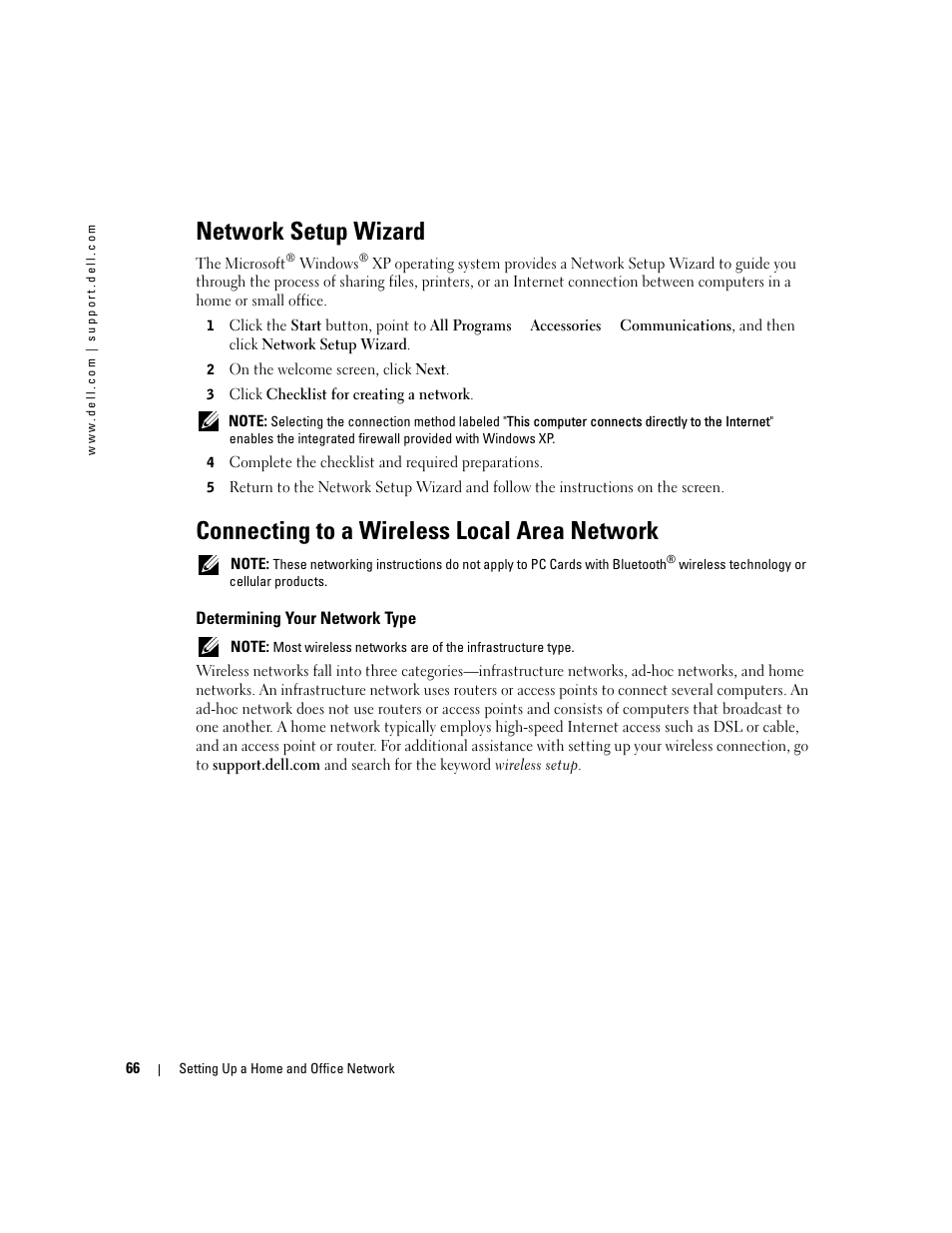 Network setup wizard, Connecting to a wireless local area network, Determining your network type | Dell Inspiron XPS User Manual | Page 66 / 186