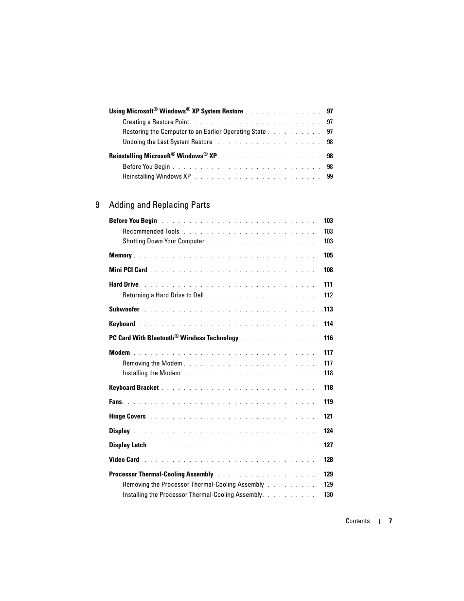 9adding and replacing parts | Dell Inspiron XPS User Manual | Page 7 / 186