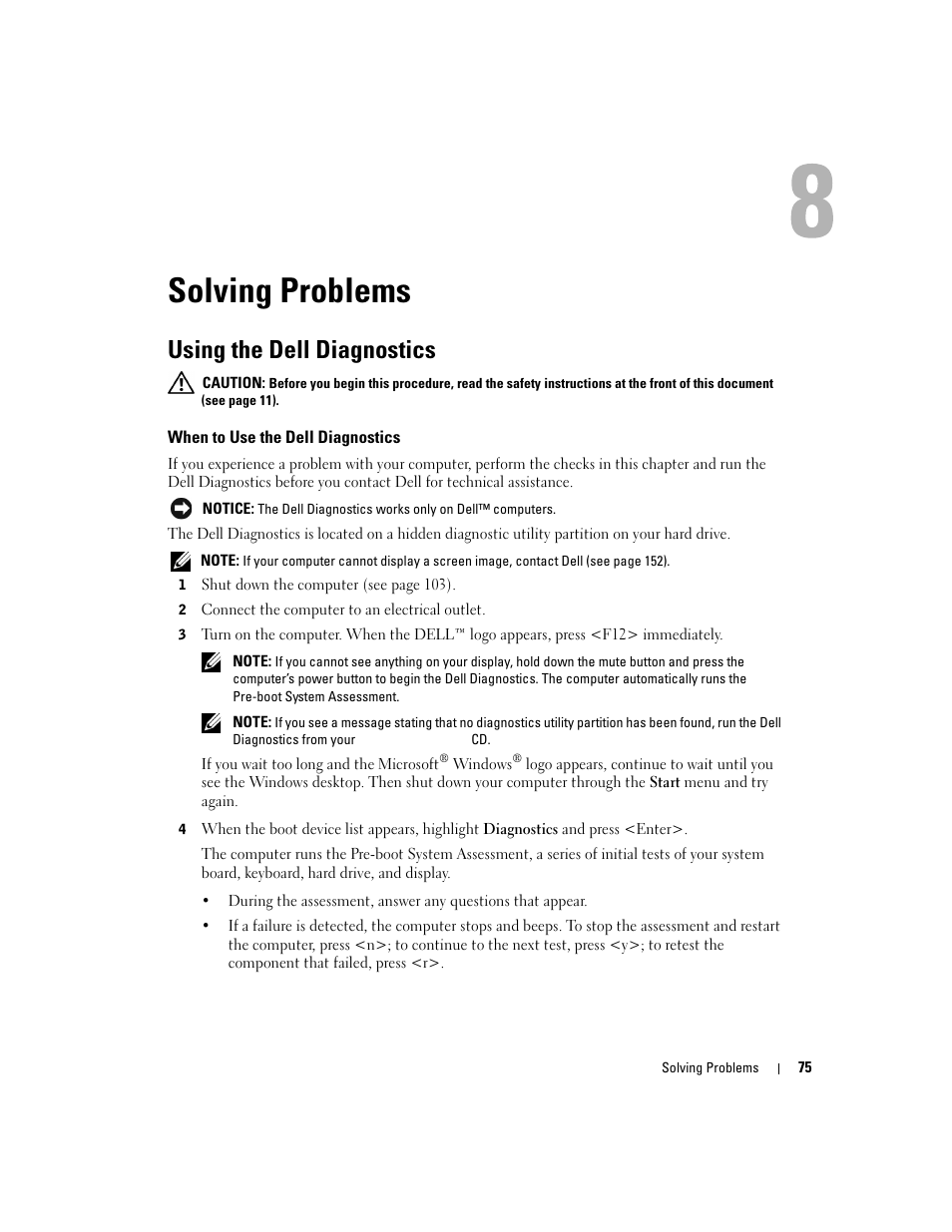 Solving problems, Using the dell diagnostics, When to use the dell diagnostics | Dell Inspiron XPS User Manual | Page 75 / 186