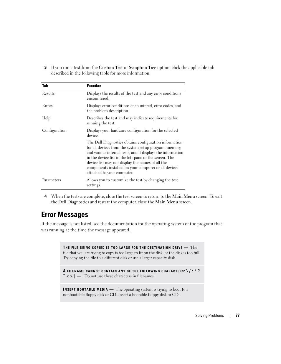Error messages | Dell Inspiron XPS User Manual | Page 77 / 186