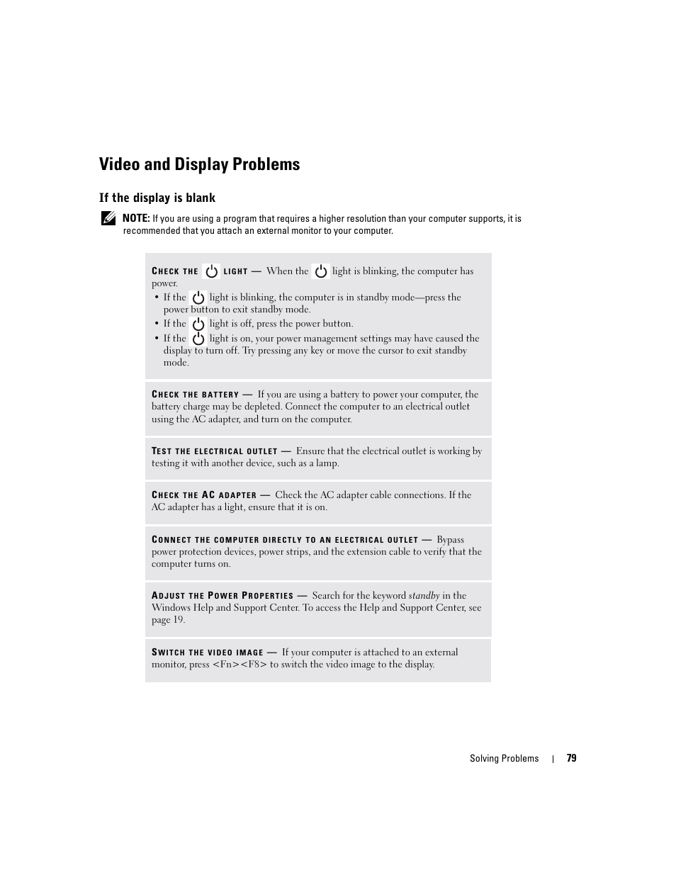 Video and display problems, If the display is blank | Dell Inspiron XPS User Manual | Page 79 / 186