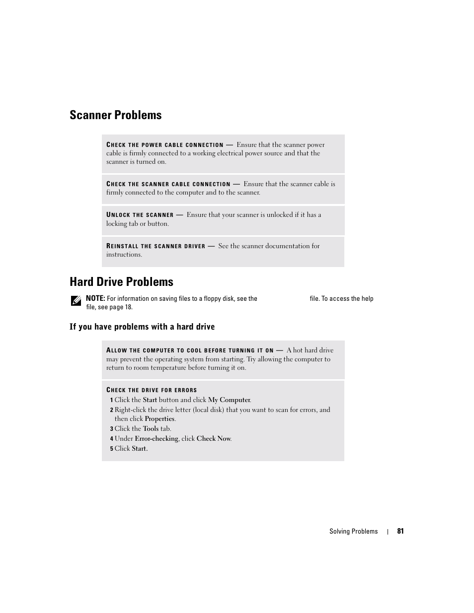 Scanner problems, Hard drive problems, If you have problems with a hard drive | Scanner problems hard drive problems | Dell Inspiron XPS User Manual | Page 81 / 186