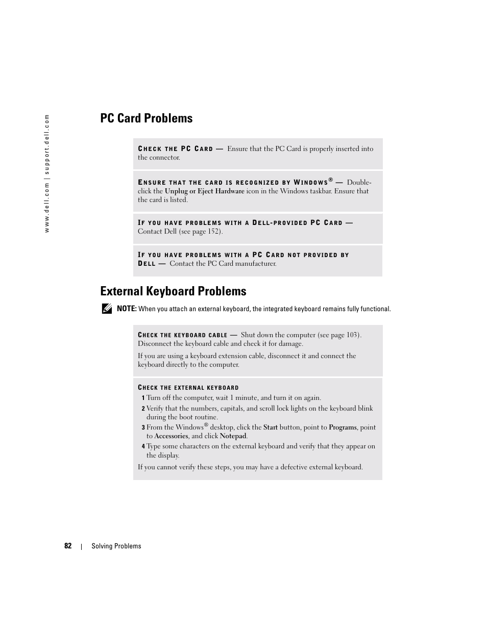 Pc card problems, External keyboard problems, Pc card problems external keyboard problems | Dell Inspiron XPS User Manual | Page 82 / 186