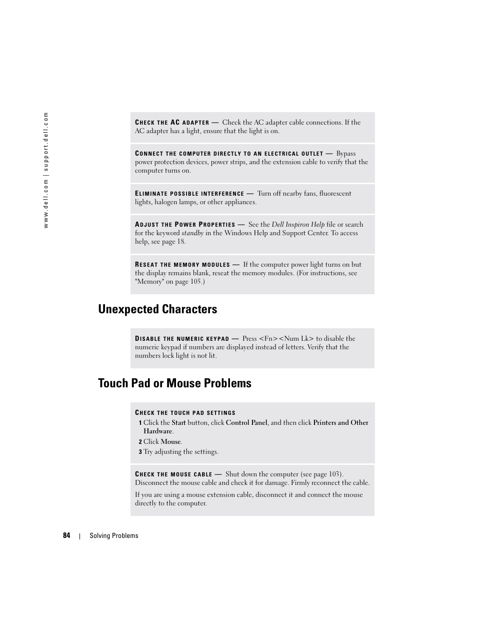 Unexpected characters, Touch pad or mouse problems, Unexpected characters touch pad or mouse problems | Dell Inspiron XPS User Manual | Page 84 / 186