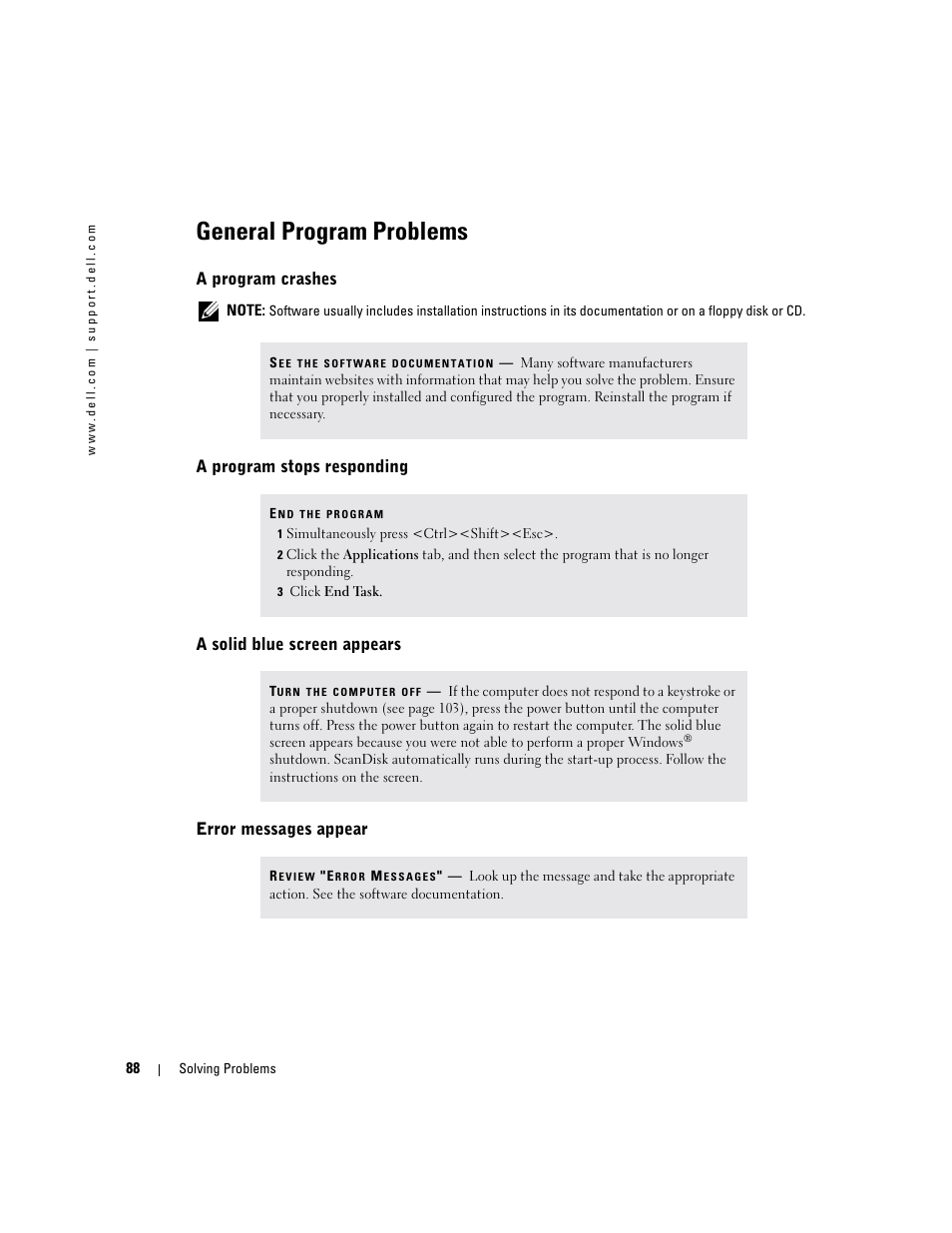 General program problems, A program crashes, A program stops responding | A solid blue screen appears, Error messages appear | Dell Inspiron XPS User Manual | Page 88 / 186